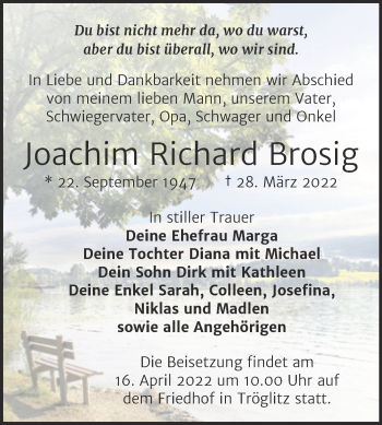 Traueranzeige von Joachim Richard Brosig von Trauerkombi Zeitz