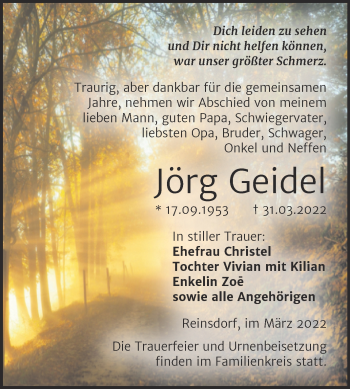 Traueranzeige von Jörg Geidel von Trauerkombi Köthen