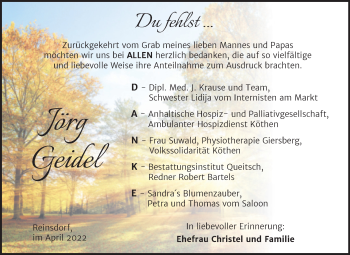 Traueranzeige von Jörg Geidel von Trauerkombi Köthen