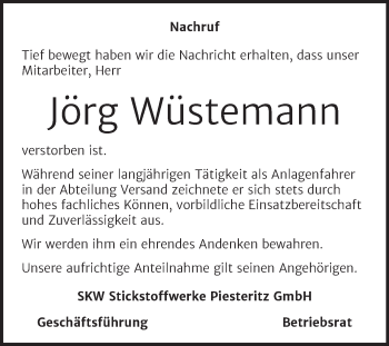 Traueranzeige von Jörg Wüstemann von Super Sonntag Wittenberg