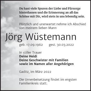 Traueranzeige von Jörg Wüstemann von Trauerkombi Wittenberg