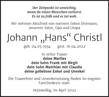 Traueranzeige von Johann Christl von Trauerkombi Bitterfeld