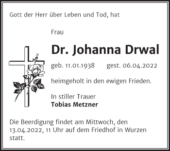 Traueranzeige von Johanna Drwal von Trauerkombi Merseburg