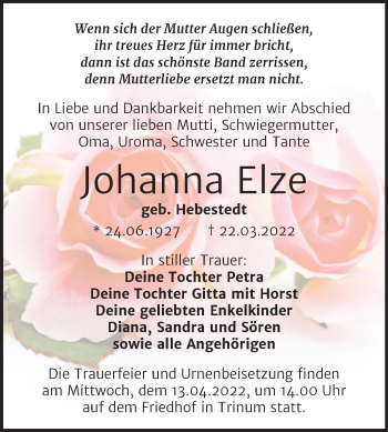 Traueranzeige von Johanna Elze von Trauerkombi Köthen