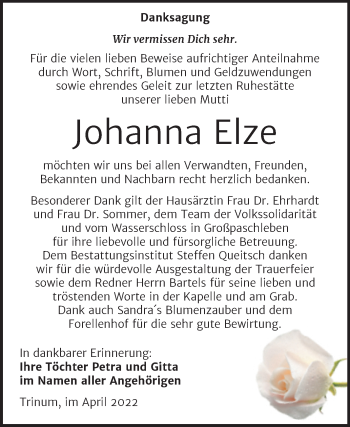 Traueranzeige von Johanna Elze von Trauerkombi Köthen