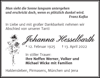 Traueranzeige von Johanna Hesselbarth von Trauerkombi Merseburg