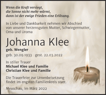 Traueranzeige von Johanna Klee von Mitteldeutsche Zeitung Merseburg/Querfurt