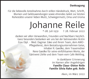 Traueranzeige von Johanne Reile von Trauerkombi Köthen