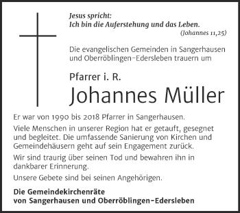Traueranzeige von Johannes Müller von Super Sonntag Sangerhausen