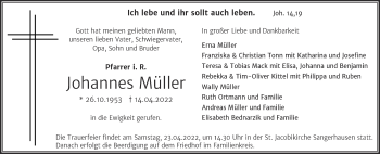 Traueranzeige von Johannes Müller von Trauerkombi Sangerhausen