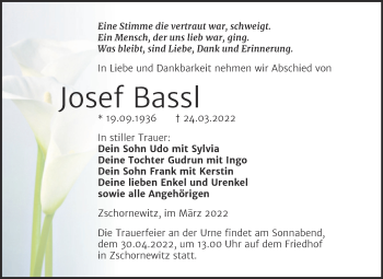Traueranzeige von Josef Bassl von Trauerkombi Wittenberg