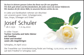 Traueranzeige von Josef Schuler von Trauerkombi Merseburg
