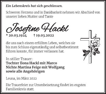 Traueranzeige von Josefifine Hackl von Trauerkombi Merseburg