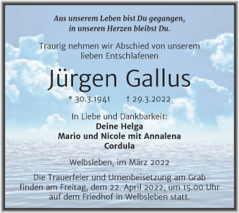 Traueranzeige von Jürgen Gallus von Trauerkombi Mansfelder Land