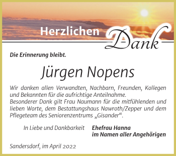 Traueranzeige von Jürgen Nopens von Trauerkombi Bitterfeld