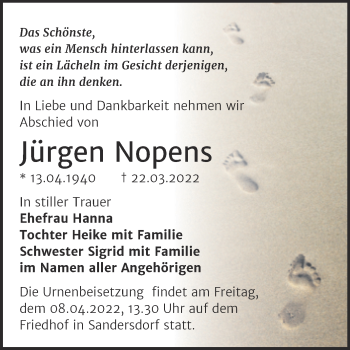 Traueranzeige von Jürgen Nopens von Trauerkombi Bitterfeld