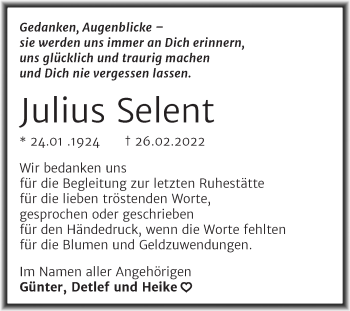 Traueranzeige von Julius Selent von Trauerkombi Mansfelder Land