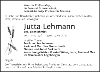Traueranzeige von Jutta Lehmann von Wochenspiegel Naumburg/Nebra