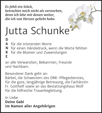 Traueranzeige von Jutta Schunke von Trauerkombi Weißenfels