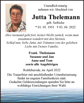 Traueranzeige von Jutta Thelemann von Trauerkombi Sangerhausen
