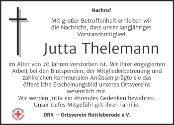 Traueranzeige von Jutta Thelemann von Mitteldeutsche Zeitung Sangerhausen