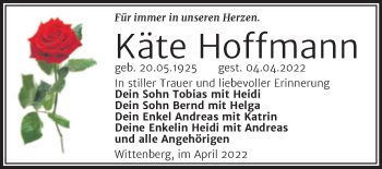 Traueranzeige von Käte Hoffmann von Trauerkombi Wittenberg