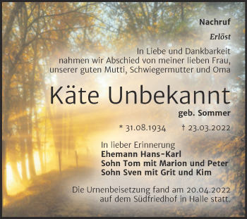 Traueranzeige von Käte Unbekannt von Mitteldeutsche Zeitung Halle/Saalkreis