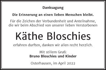 Traueranzeige von Käthe Bloschies von Trauerkombi Mansfelder Land