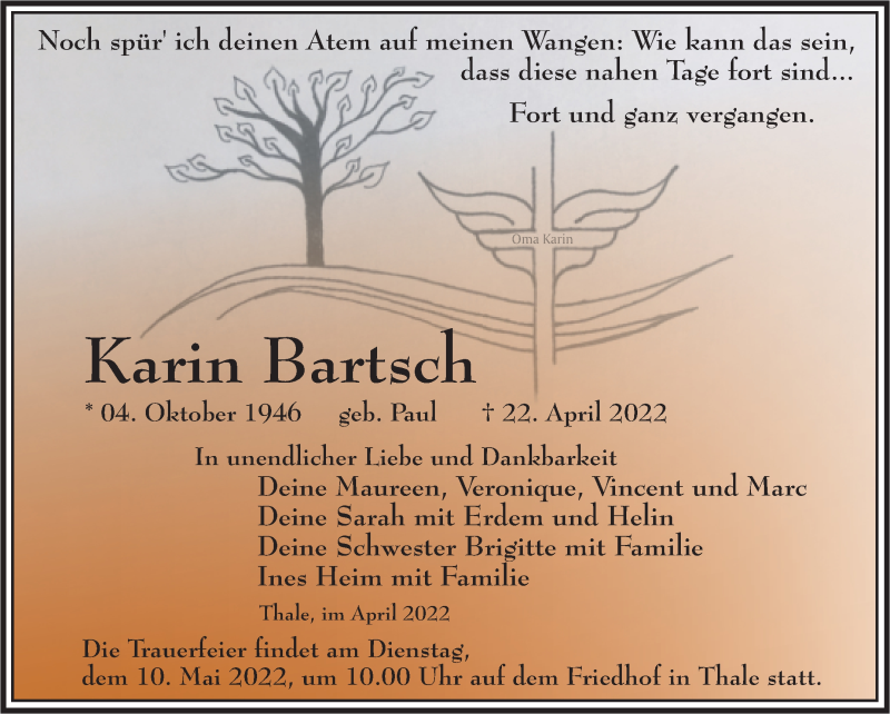  Traueranzeige für Karin Bartsch vom 30.04.2022 aus Trauerkombi Quedlinburg