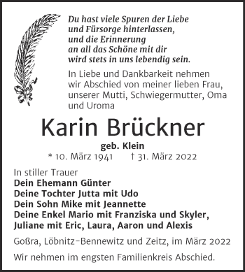 Traueranzeige von Karin Brückner von Trauerkombi Zeitz