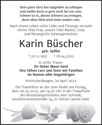 Traueranzeige von Karin Büscher von Wochenspiegel Naumburg/Nebra