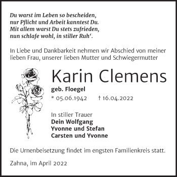Traueranzeige von Karin Clemens von Trauerkombi Wittenberg
