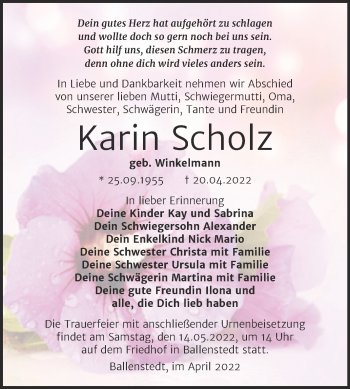 Traueranzeige von Karin Scholz von Trauerkombi Quedlinburg