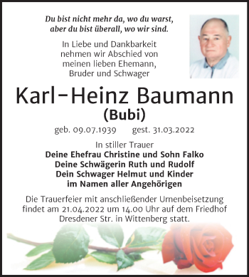 Traueranzeige von Karl-Heinz Baumann von Trauerkombi Wittenberg