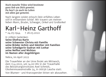 Traueranzeige von Karl-Heinz Garthoff von Wochenspiegel Naumburg/Nebra