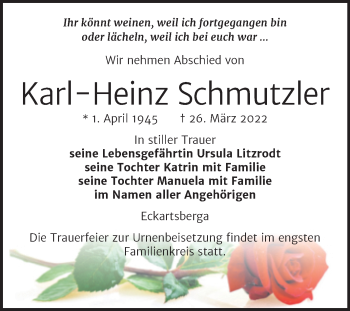Traueranzeige von Karl-Heinz Schmutzler von Wochenspiegel Naumburg/Nebra