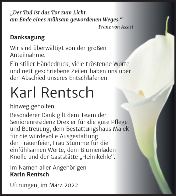 Traueranzeige von Karl Rentsch von Trauerkombi Sangerhausen