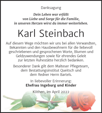 Traueranzeige von Karl Steinbach von Trauerkombi Köthen