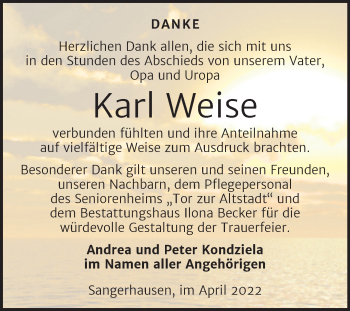 Traueranzeige von Karl Weise von Trauerkombi Sangerhausen