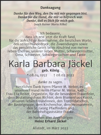 Traueranzeige von Karla Barbara Jäckel von Trauerkombi Sangerhausen