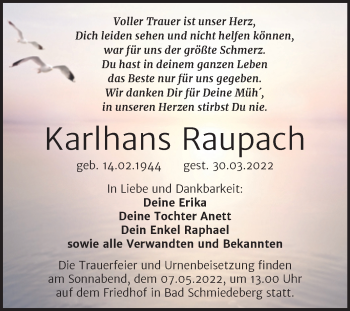 Traueranzeige von Karlhans Raupach von Trauerkombi Wittenberg
