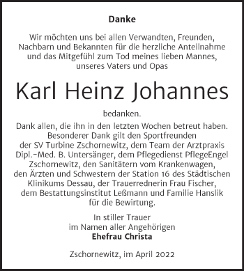 Traueranzeige von Karl Heinz Johannes von Trauerkombi Wittenberg