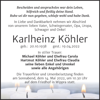 Traueranzeige von Karlheinz Köhler von Mitteldeutsche Zeitung Mansfelder Land