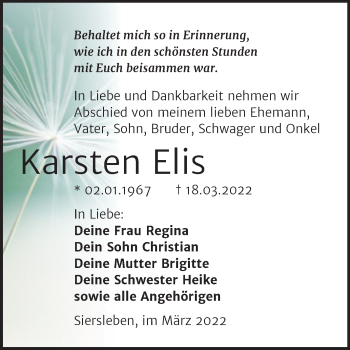 Traueranzeige von Karsten Elis von Trauerkombi Mansfelder Land