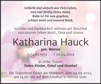 Traueranzeige von Katharina Hauck von Trauerkombi Wittenberg