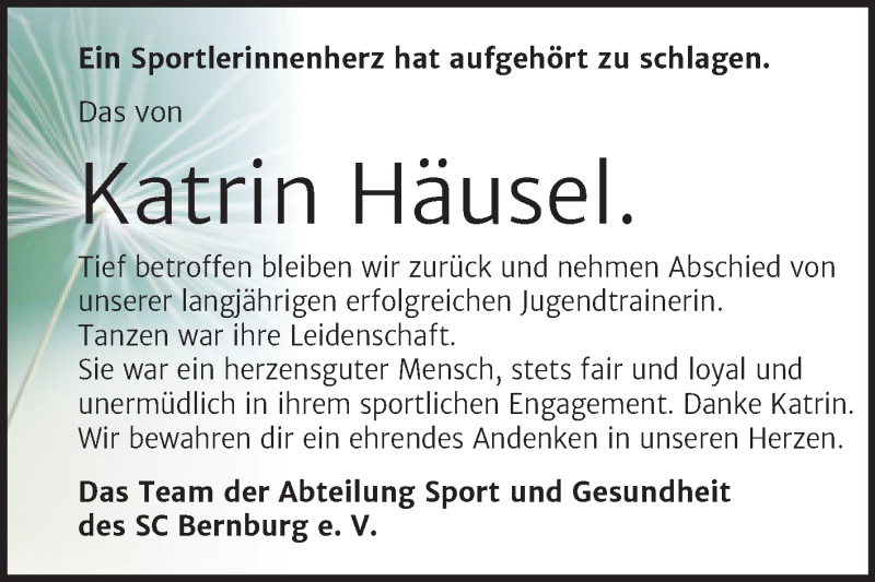  Traueranzeige für Katrin Häusel vom 02.04.2022 aus Trauerkombi Bernburg
