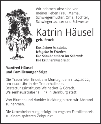 Traueranzeige von Katrin Häusel von Trauerkombi Bernburg