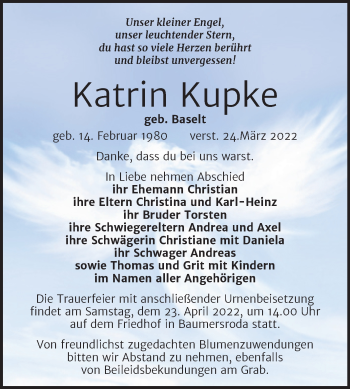 Traueranzeige von Katrin Kupke von Wochenspiegel Naumburg/Nebra