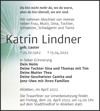 Traueranzeige von Katrin Lindner von Mitteldeutsche Zeitung Bernburg