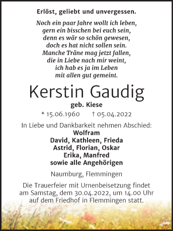 Traueranzeige von Kerstin Gaudig von Wochenspiegel Naumburg/Nebra